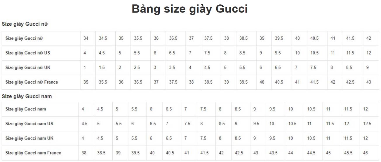 Bảng size giày Gucci